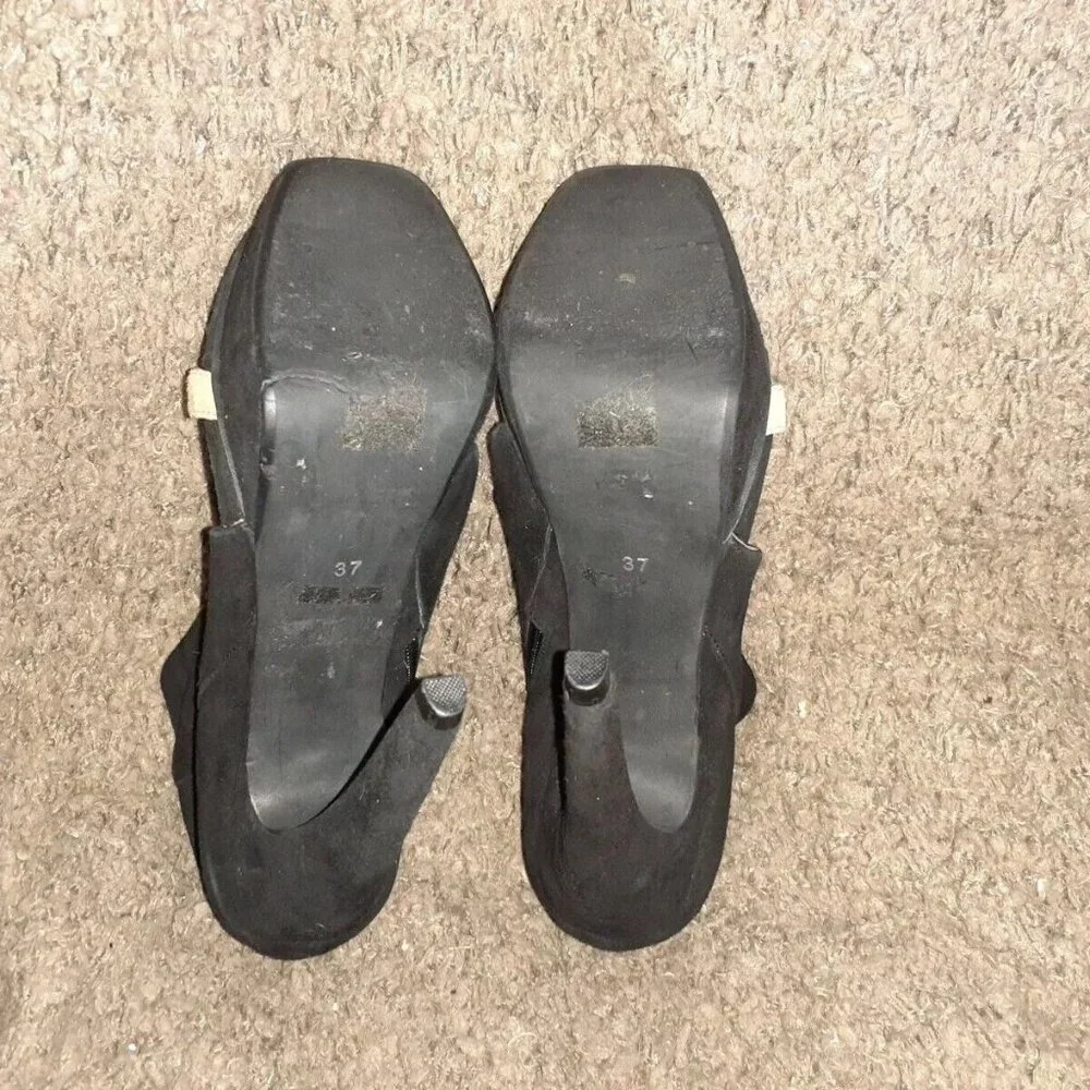 JEFFREY CAMPBELL-Black Suede/Tan Strap-Curved Stiletto-Open Toe Bootie-Zip-Sz 37 - Picture 7 of 7